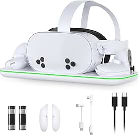 Charging Station for Meta Quest 3 and Oculus Quest 3S, VR Accessories Charging Station with LED Light for Oculus Quest 3/ 3S, Charger Stand with 2 Rechargeable Batteries, Magnetic Charging Design