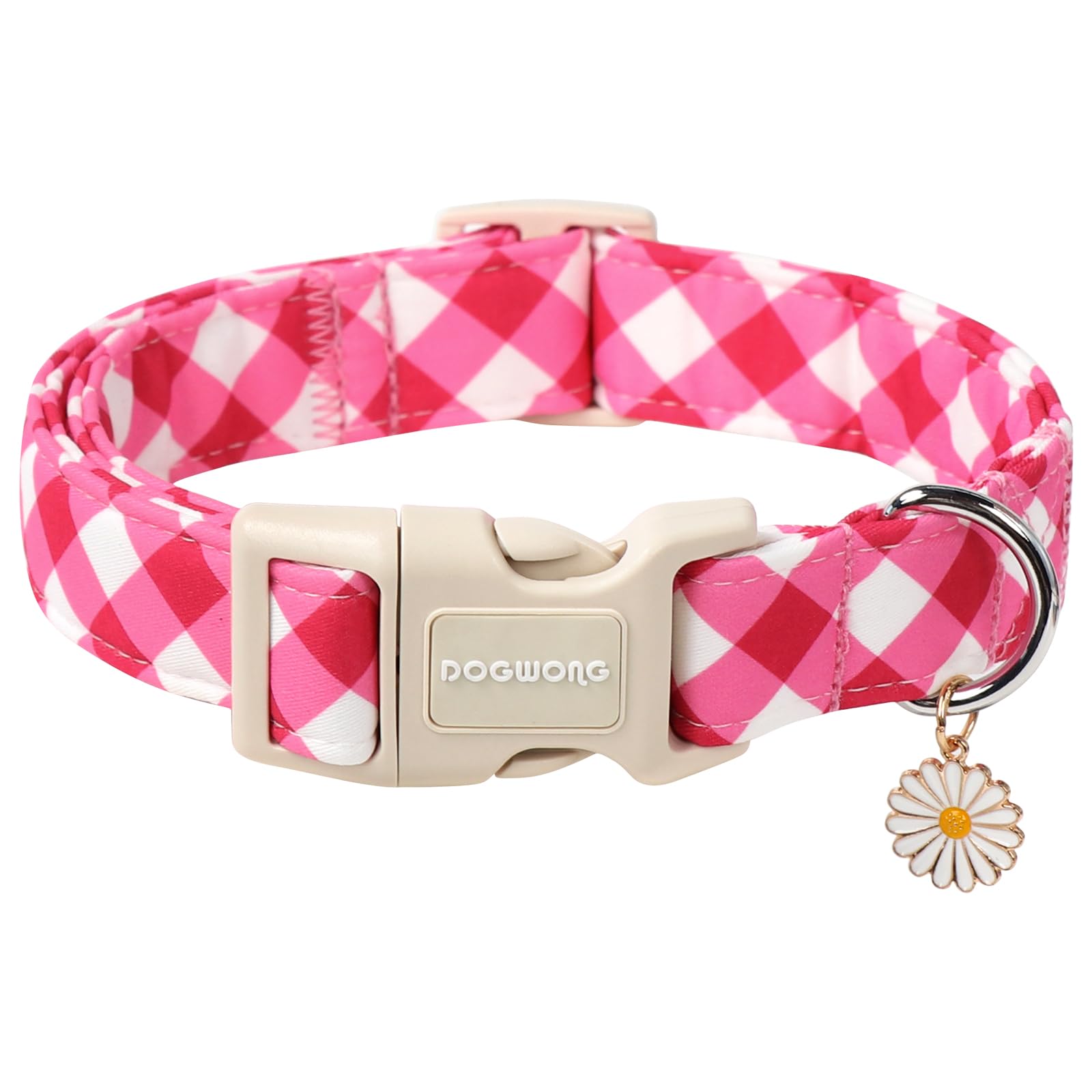 DOGWONG Pink Plaid Dog Collar, Pink Dog Collar Adjustable Soft Natural Fabric Girl Pet Dog Collars Cute Puppy Necklace for Small Medium Large Dogs