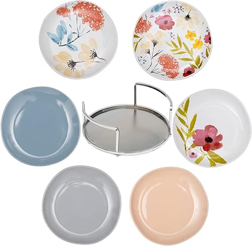 Miniatura 4 de Thirstystone Platos de vajilla y organizador de hierro para llevar, diseños surtidos, hechos de cerámica, juego de 6  prado, azul