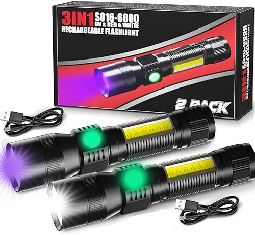 Miniatura 9 de Linterna UV de luz negra recargable 3 en 1 súper brillante linterna táctica LED UV y luz roja 2000 lúmenes 7 modos zoomable linterna de bolsillo