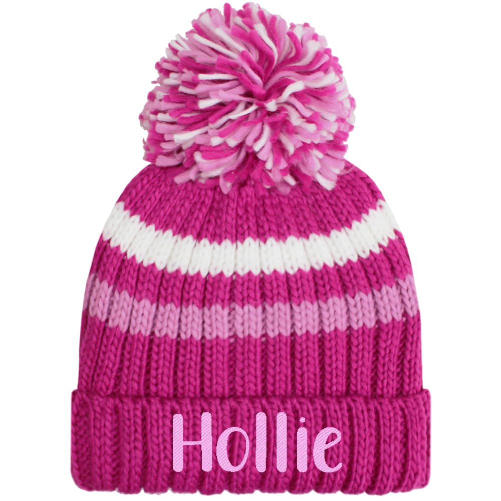 TeddyT's Personalised Girl's Chunky Knit Striped Embroidered Bobble Hat (UK, Age, 5 Years, 10 Years, Pink)