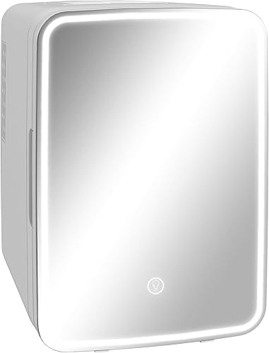 HOMCOM Mini refrigerador para dormitorio o automóvil con espejo LED regulable (10L8 latas), enfriador y calentador, refrigerador portátil para el