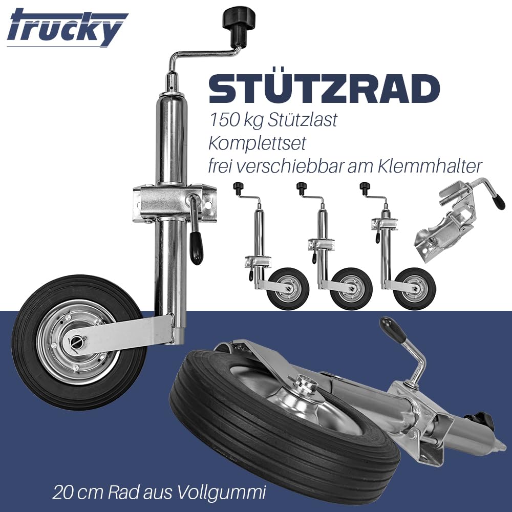 Trucky Set Stützrad für Anhänger + 2X Anhängerstützen + 2X Unterlegkeile Pkw Deichselrad Klemmhalter Anhängerstützrad Keil