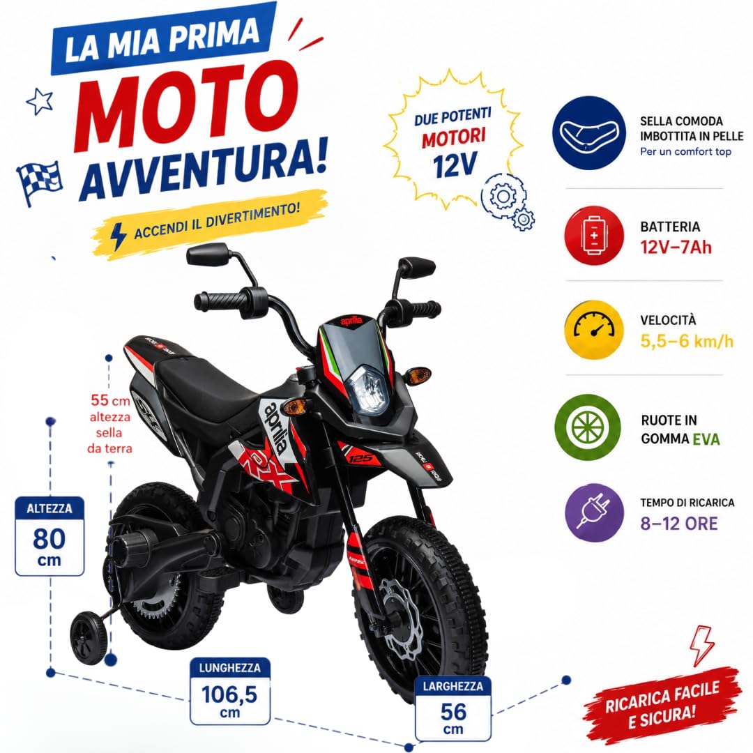Moto Elettrica per bambini 12V Super Cross Aprilia RX125 con licenza ufficiale Moto da Cross con Ruote in Gomma Sedile in pelle Doppio Motore con Rotelle Luci e Suoni integrati (Rosso)