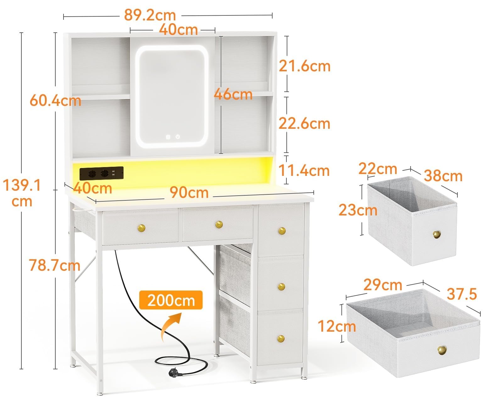 ODK Tocador con Espejo LED Ajustable, Enchufes USB Integrados y Tira de Luz RGB – Mesa de Tocador con 5 Cajones de Tela y Estantes de 3 Niveles – Tocador Blanco 90×40×139 cm