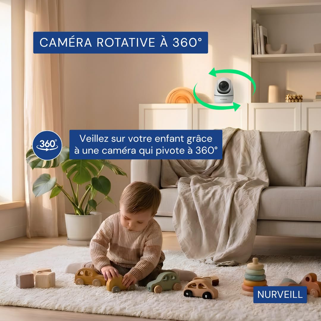 Babyphone Camera 360° Sans WIFI 5 Pouces HD Vision Nocturne Bruits blancs et Berceuses intégrées Détection VOX Audio Bidirectionnel Camera bebe Surveillance longue portée Moniteur Bébé Vidéo.