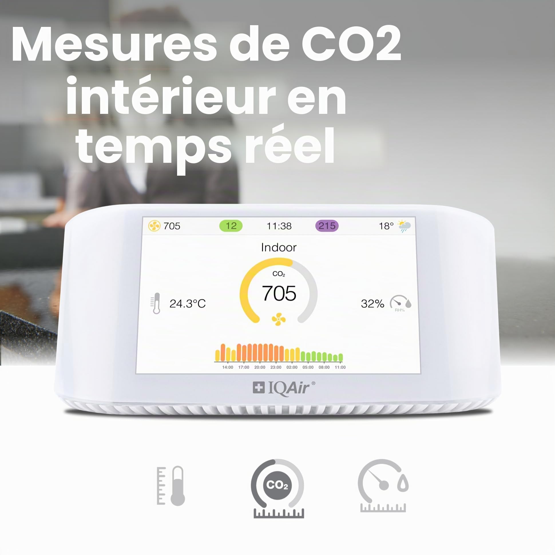 IQAir Moniteur de qualité de l'air intérieur [PM2.5, AQI, detecteur co2, testeur humidité, capteur CO2, capteur Temperature connecté], Air Quality Monitor [Wi-FI, WLAN, App, 5” Display (12.7 cm)]