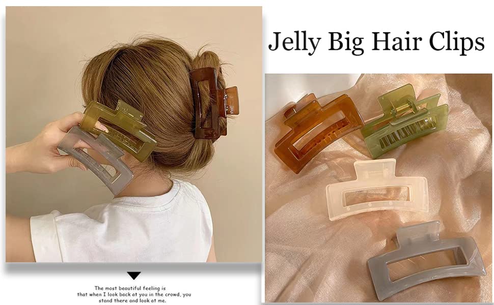 Image of BAKEFY 2+2 Combo Big Hair Clips For Women Large Hair Claw Clips For Thick Hair Strong Hold Nonslip Jelly Moon Banana Nonslip Jumbo Jaw Clips Hair Styling Accessories (Total 4 Pcs), Multicolor