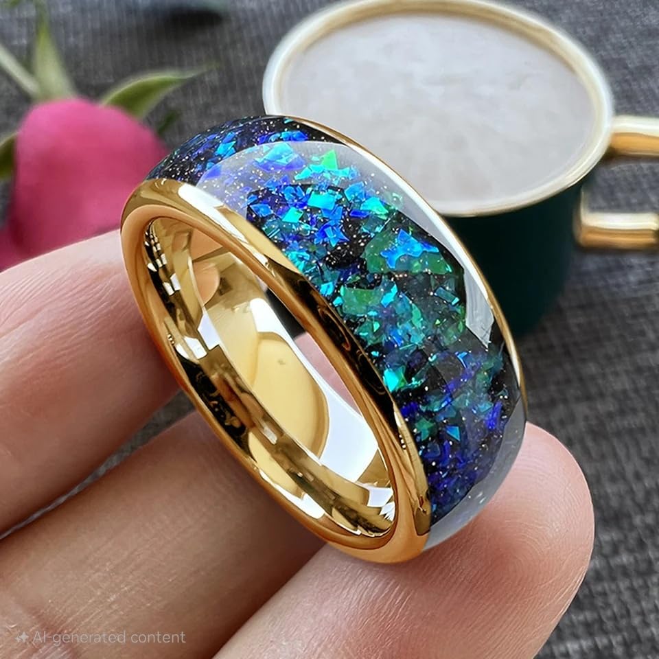 8MM Men Women Tungsten Carbide Ring Band Blue Green Opal Fragments Inlay Dome Shiny Polish Ring Band2