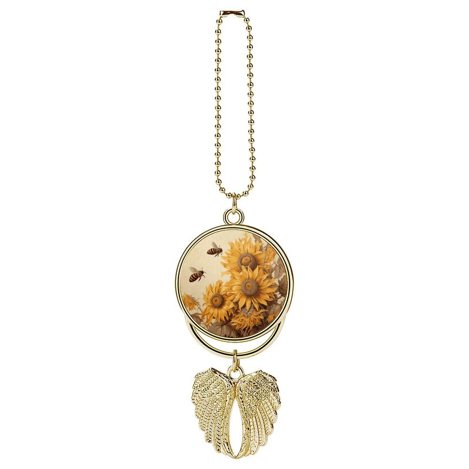 Bees and Sunflowers on Old Paper Car Pendant Car Rearview Mirror Pendant Custom Photo Car Hanging Ornament Car Rear View Mirror Hanging Accessories Angel Wing Car Charm Gift for Men Women