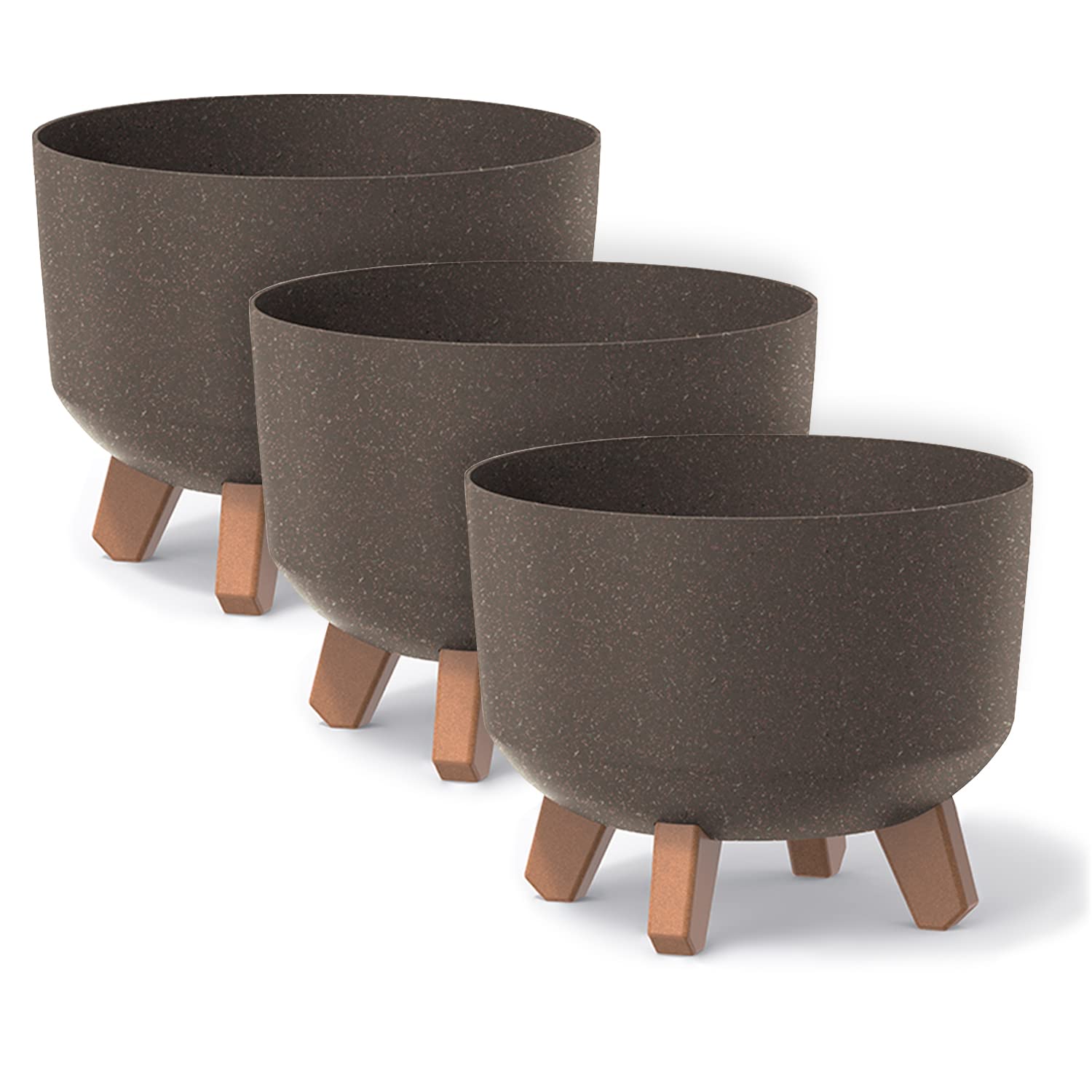Set di 3 Vasi per Fiori Piante Tondi Gracia Regular ECO WOOD In Plastica e 33% Legno Ø29x22cm Da Interno Esterno Caffè Volume 9,8 Litri Design Moderni