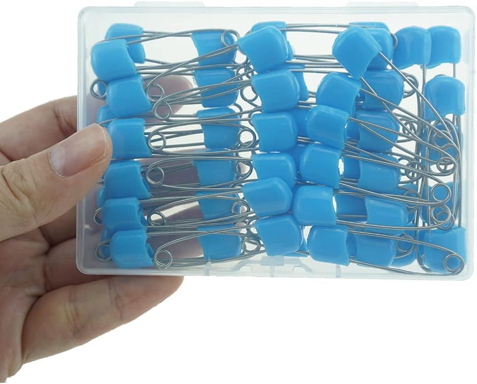 60 Count Plastic Safety Pins 1.57 Inch Plastic Head Stainless Steel Diaper Pins for Handcrafts DIY (Blue)