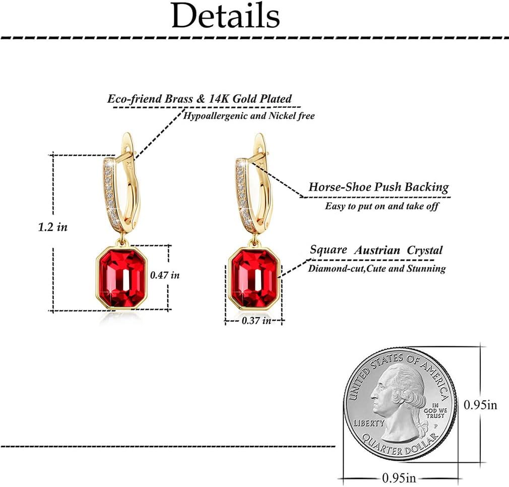 Austrian Crystal Octagon Leverback Drop Earrings for Women 14K Gold Plated Hypoallergenic Jewelry - Image 4