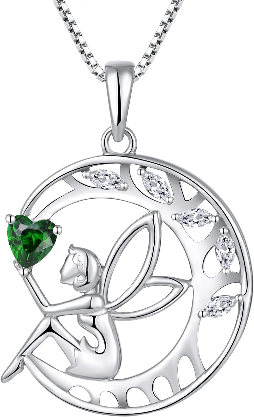 Guardian Angel Necklace 925 Sterling Silver Tree of Life Pendant Fairy Moon Necklace Birthstone Jewelry for Women