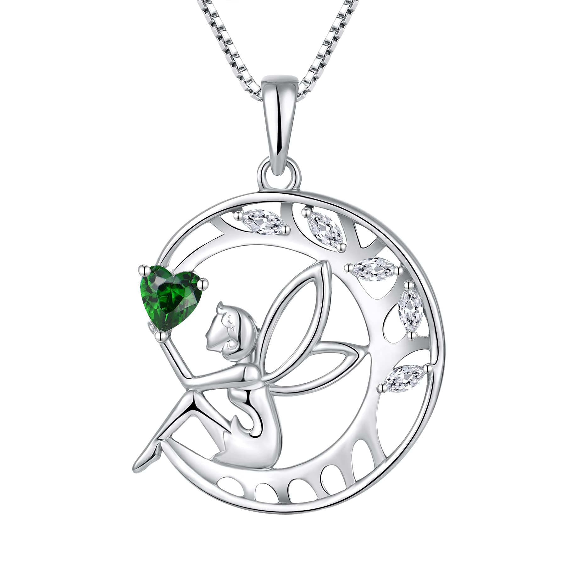 FJ Guardian Angel Necklace 925 Sterling Silver Tree of Life Pendant Necklace Fairy Moon Necklace with Birthstone Cubic Zirconia Jewellery Gifts for Women Girls