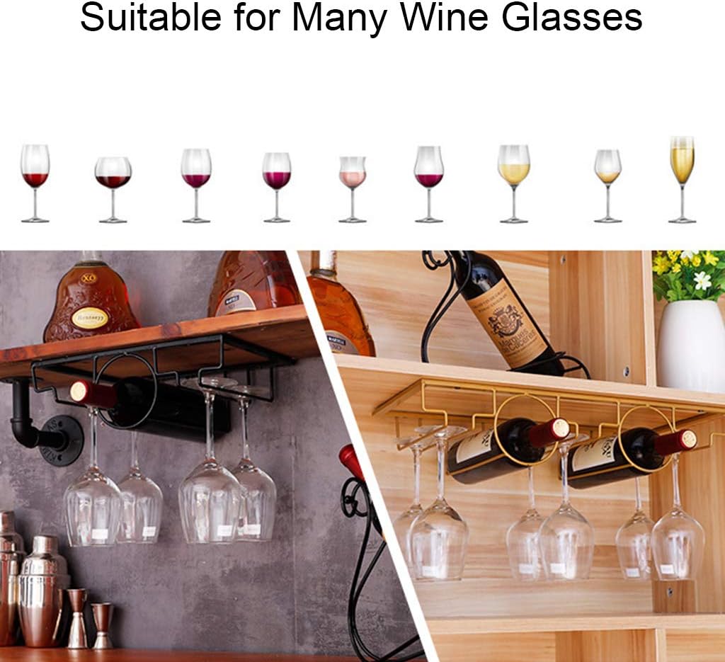 Hanging Wine Glass Rack and Bottle Holder, Under Cabinet Stemware Rack Glass Holder, Retro Wine Glass Drying Rack for Bar Kitchen Pub(Black,Gold)