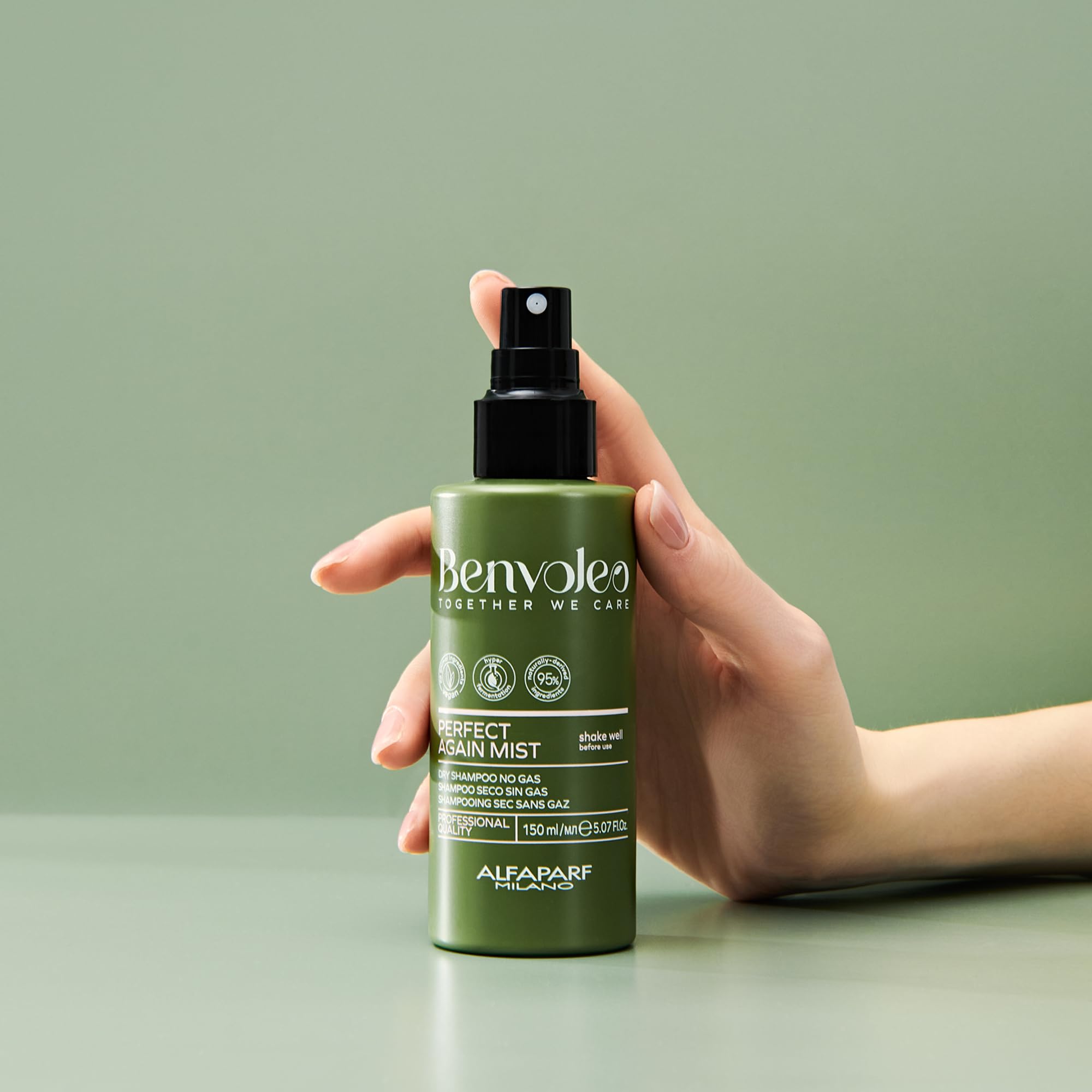 Alfaparf Milano Benvoleo Perfect Again Dry Shampoo Mist - Clean, Vegan, Sustainable Hair Care - Gas/Aerosol Free - Eliminated Residue and Odor - Two-Phase Dry Shampoo - 5.07 Fl. Oz.