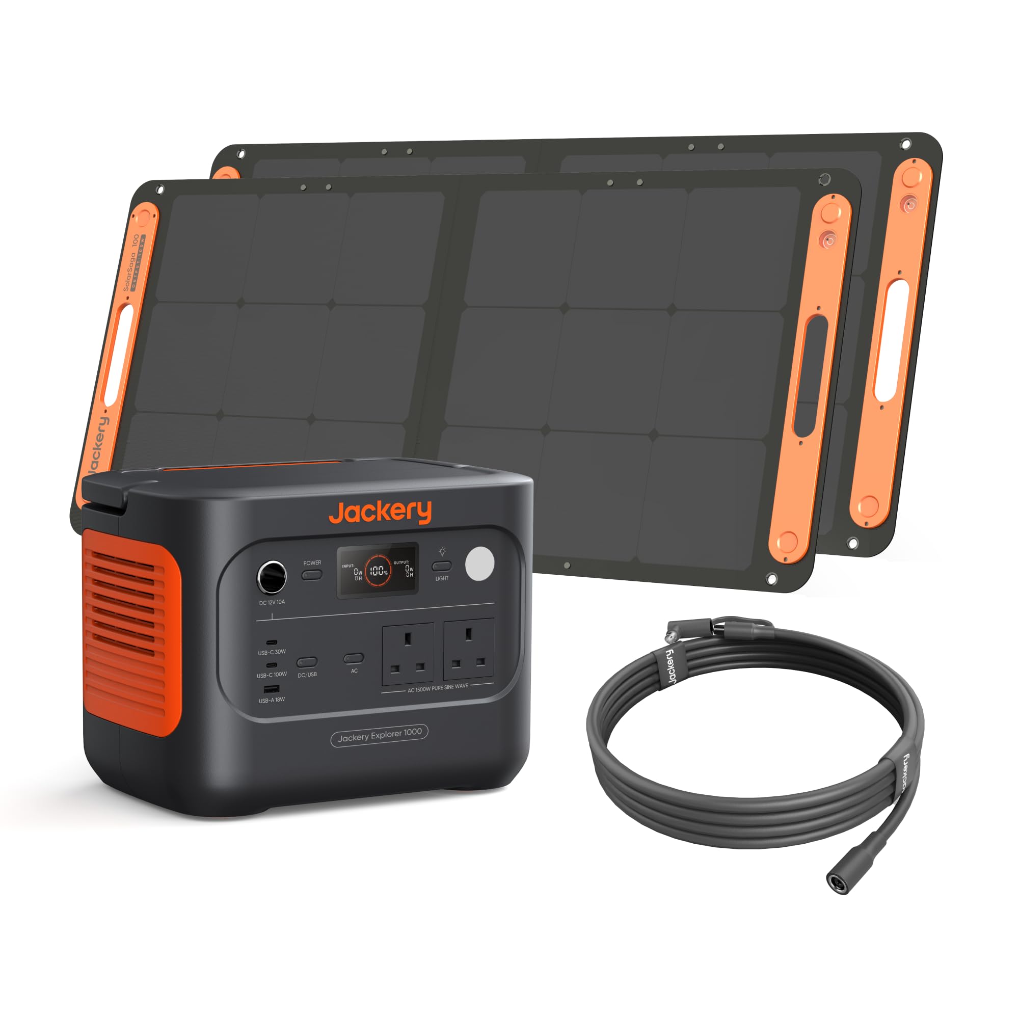 Jackery Explorer 1000V2 Portable Power Station (2024 New) + 2X 100W Solar Panels + 5M Extension Cable, 1070Wh Lifepo4, 1500W Ac & 100W Usb-C Output, 1-Hour Fast Charge