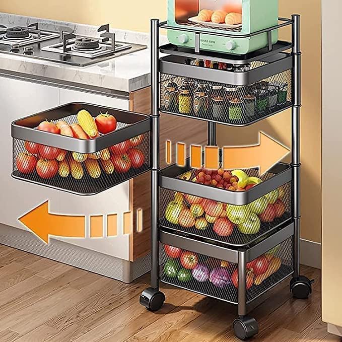 LYLYMYKHH Rotating Storage Rack 4 Layer Kitchen Storage Rack Fruit and Vegetable Storage Basket Floor Rolling Multifunctional Home Shelf Kitchen Bedroom Bathroom