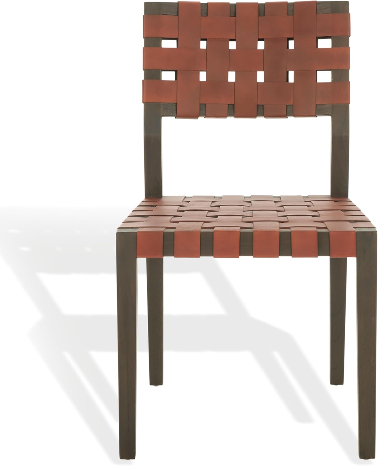 SAFAVIEH Couture Collection - Bette Woven Leather Dining Chair Set of 2, Brown Leather Seat with Walnut Solid Wood Frame, Fully Assembled Rustic Modern Seating (SFV1902B)
