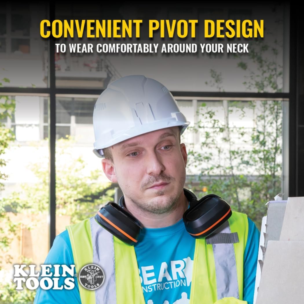 Klein Tools AESBH1 Behind-the-Head Bluetooth Ear muffs,NRR 23dB Hearing Protection, Works with Hard Hat, 70hr Runtime, for Loud Jobsites