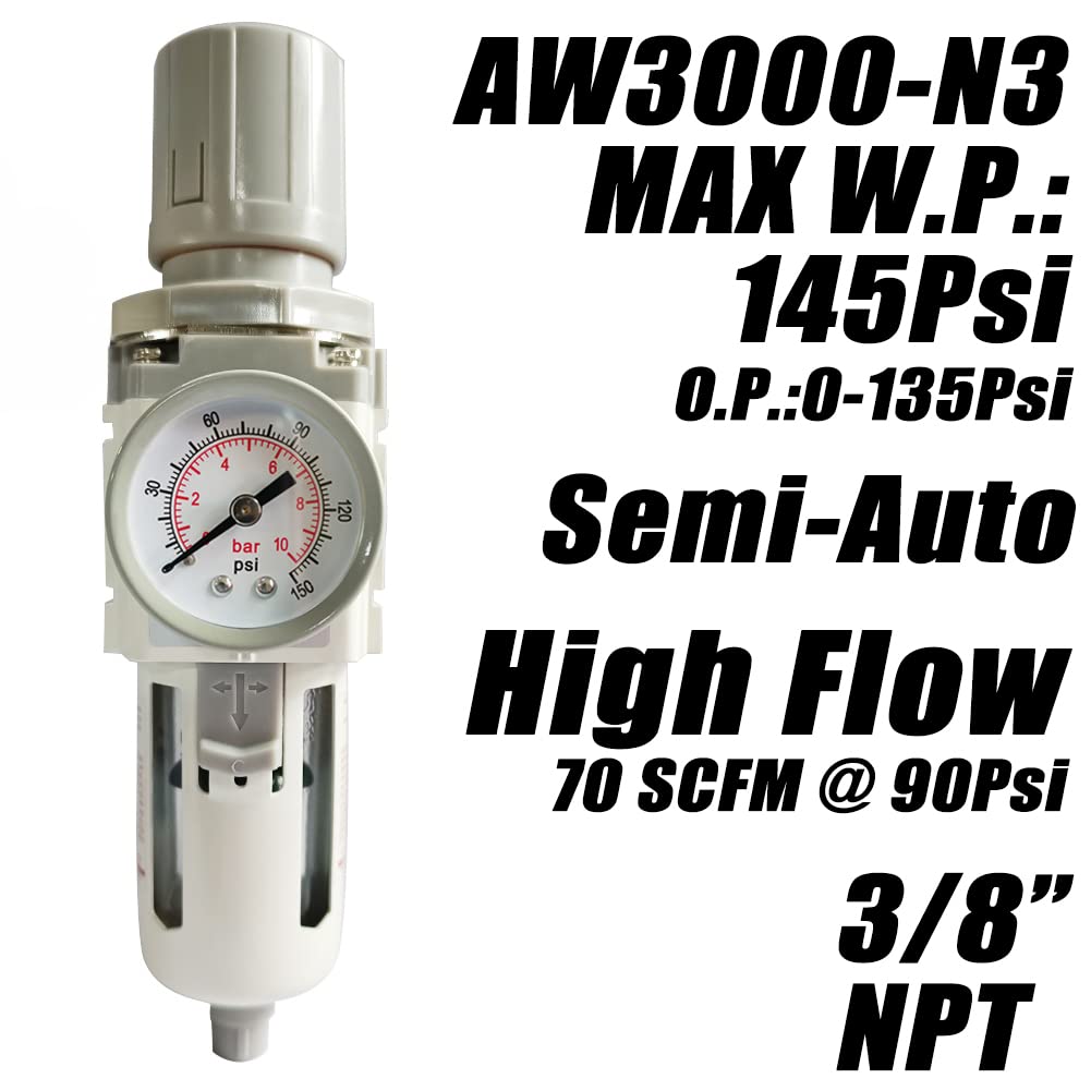 3/8" NPT Air Filter Pressure Regulator Combo Water Separator for Air Compressor Line Semi-Auto Drain 5 Micron Brass Element 0-150 psi Gauge