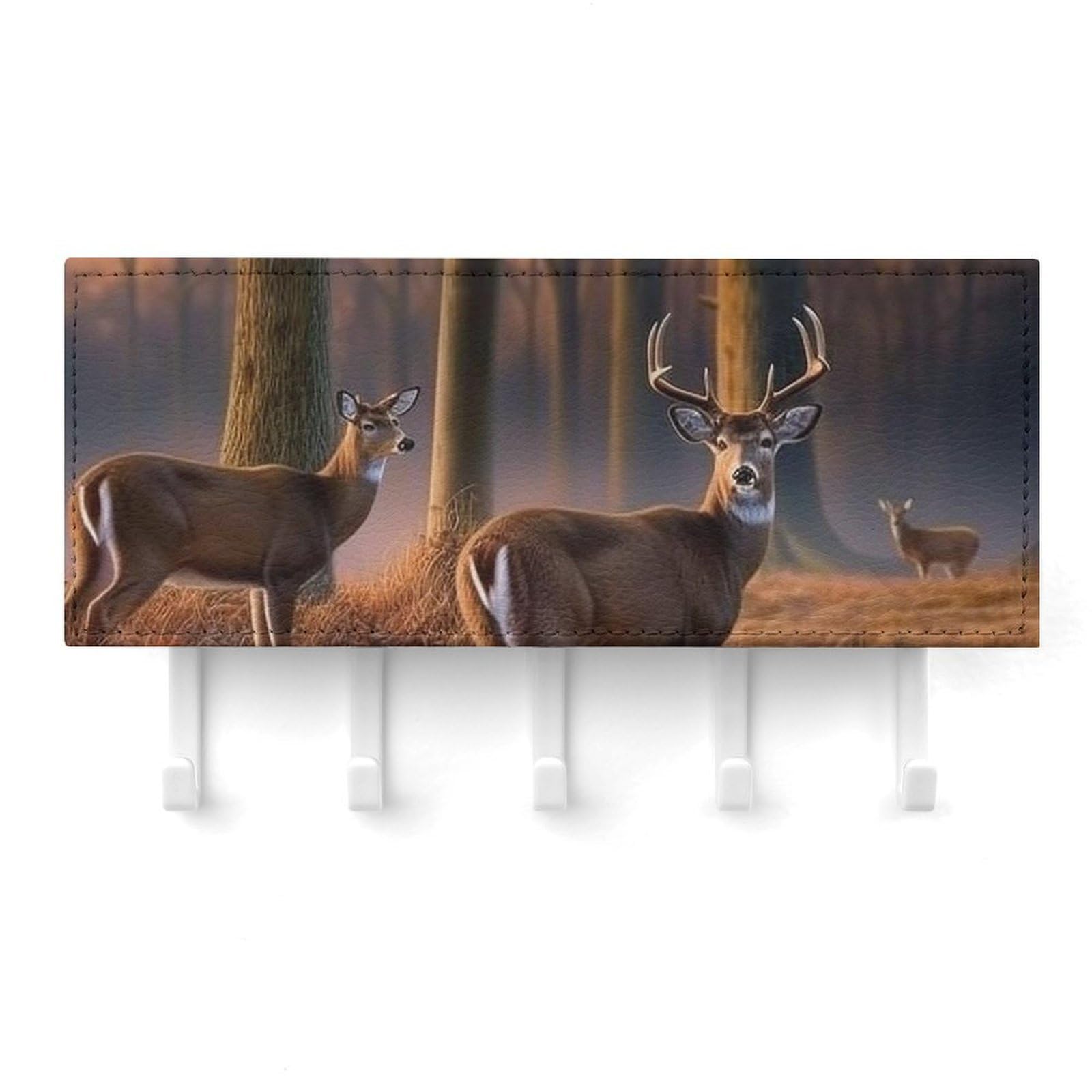 Fekiloot White Nature Wild Animal Deers Key Holder For Wall Adhesive, No Drilling, Key Hooks With 5 Hooks Wall Mounted, Self Adhesive Keys Rack For Entryway, Hallway, Living Room, Kitchen, Office