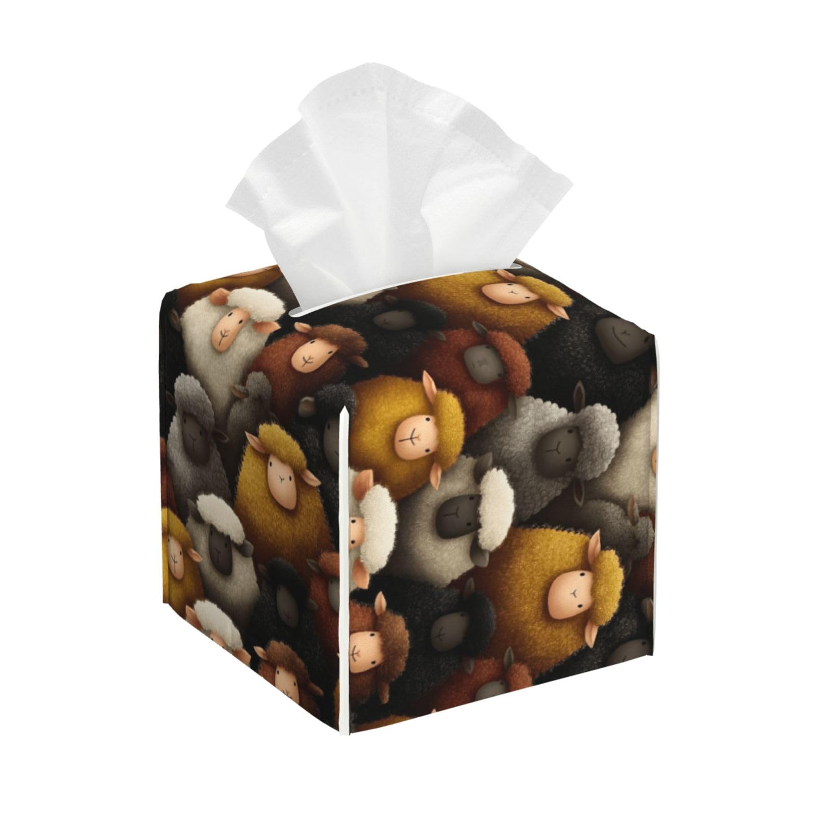 Cute Colorful Sheep Herd Print Tissue Box Cover Holder Square, Foldable Modern Cube Tissue Box Cover, Leather Decorative Organizer for Tabletop Bathroom Car Office Desk Decor