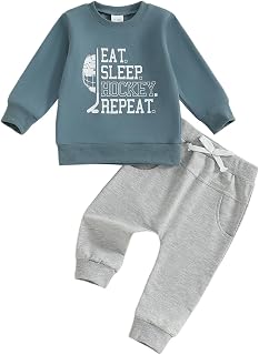 Toddler Baby Boy Hockey Outfit Eat Sleep Hockey Repeat Long Sleeve Sweatshirt Top Pants Set Fall Winter Clothes