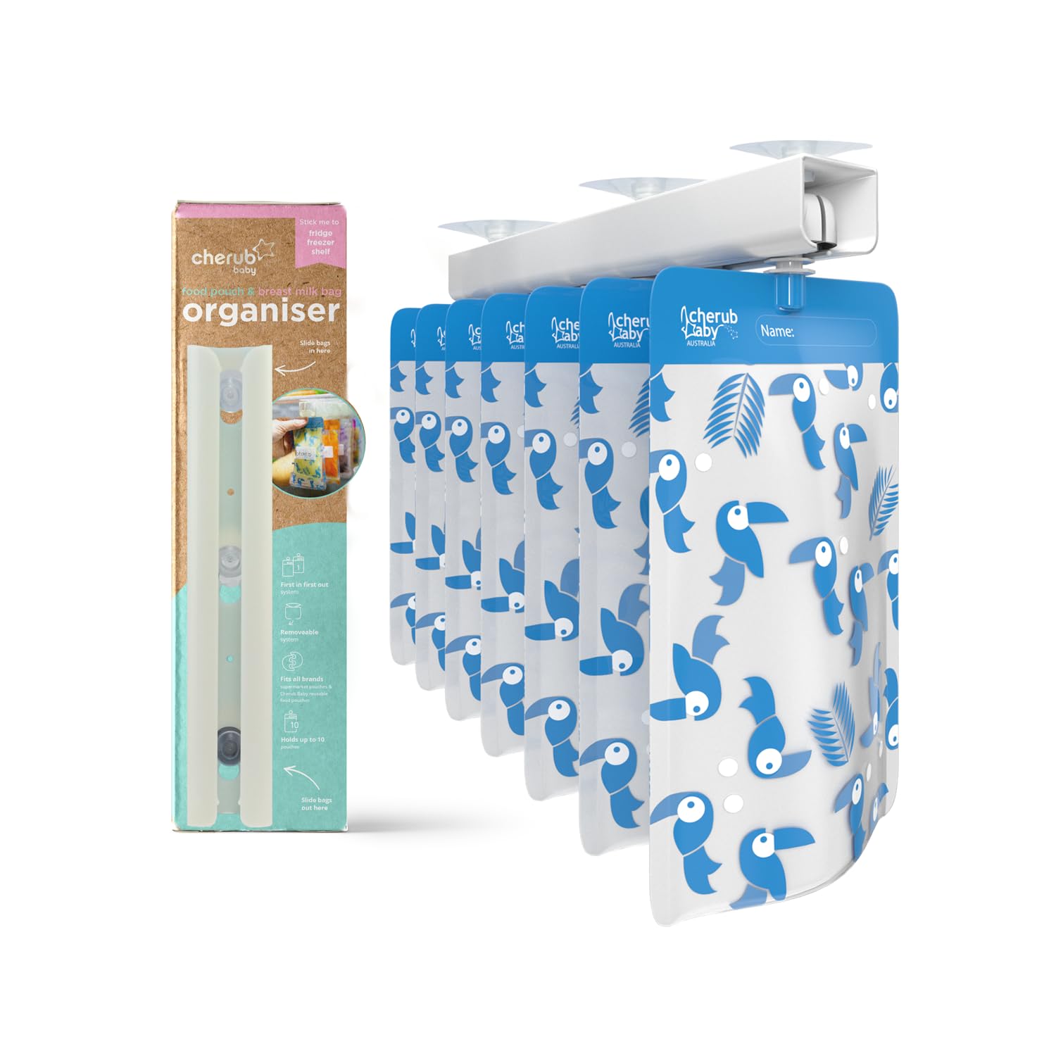 Cherub Baby Food Pouch & Milk Bag Storage Organizer with Suction Cups - Fridge Freezer Shelf Space Saver - Holds Up to 10 Pouches - Reusable First-in First-Out Dispenser - Compact BPA-Free Design