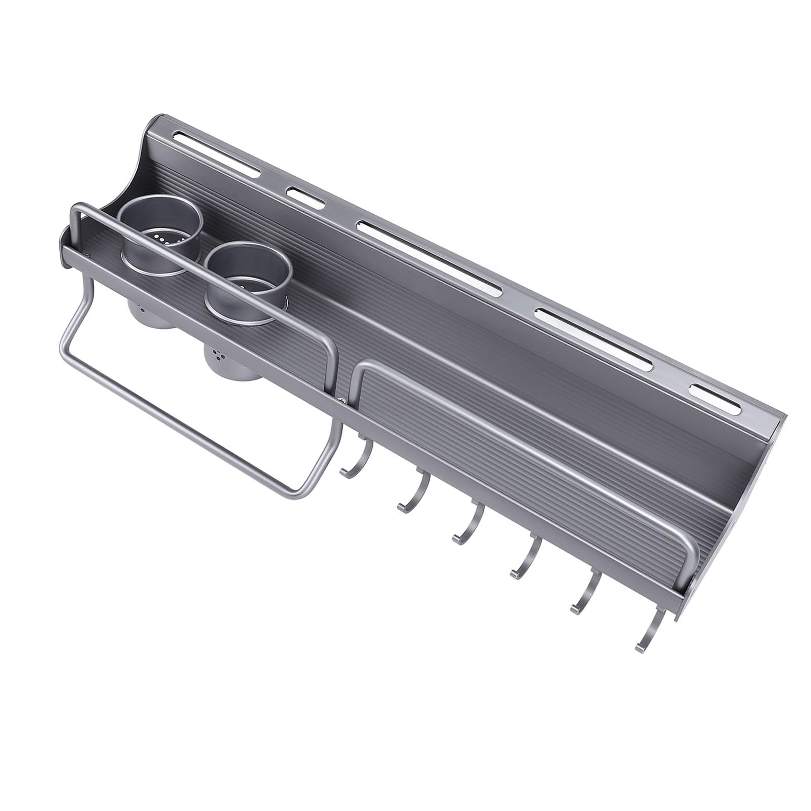 Jiawu Support Mural pour Ustensiles de Cuisine en Alliage d'aluminium, étagère de Rangement Peu Encombrante avec Deux Paniers à Baguettes, Support Suspendu de Cuisine Gris pour Ustensiles, Outils et