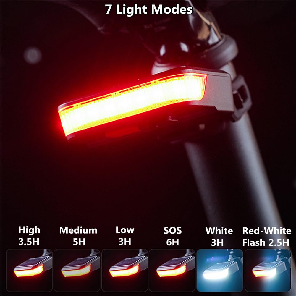 Feux Arrière de Vélo Solaires, WASAGA Feu Arrière de Vélo Rouge et Blanc avec 7 Modes D'éclairage pour la Conduite de Nuit