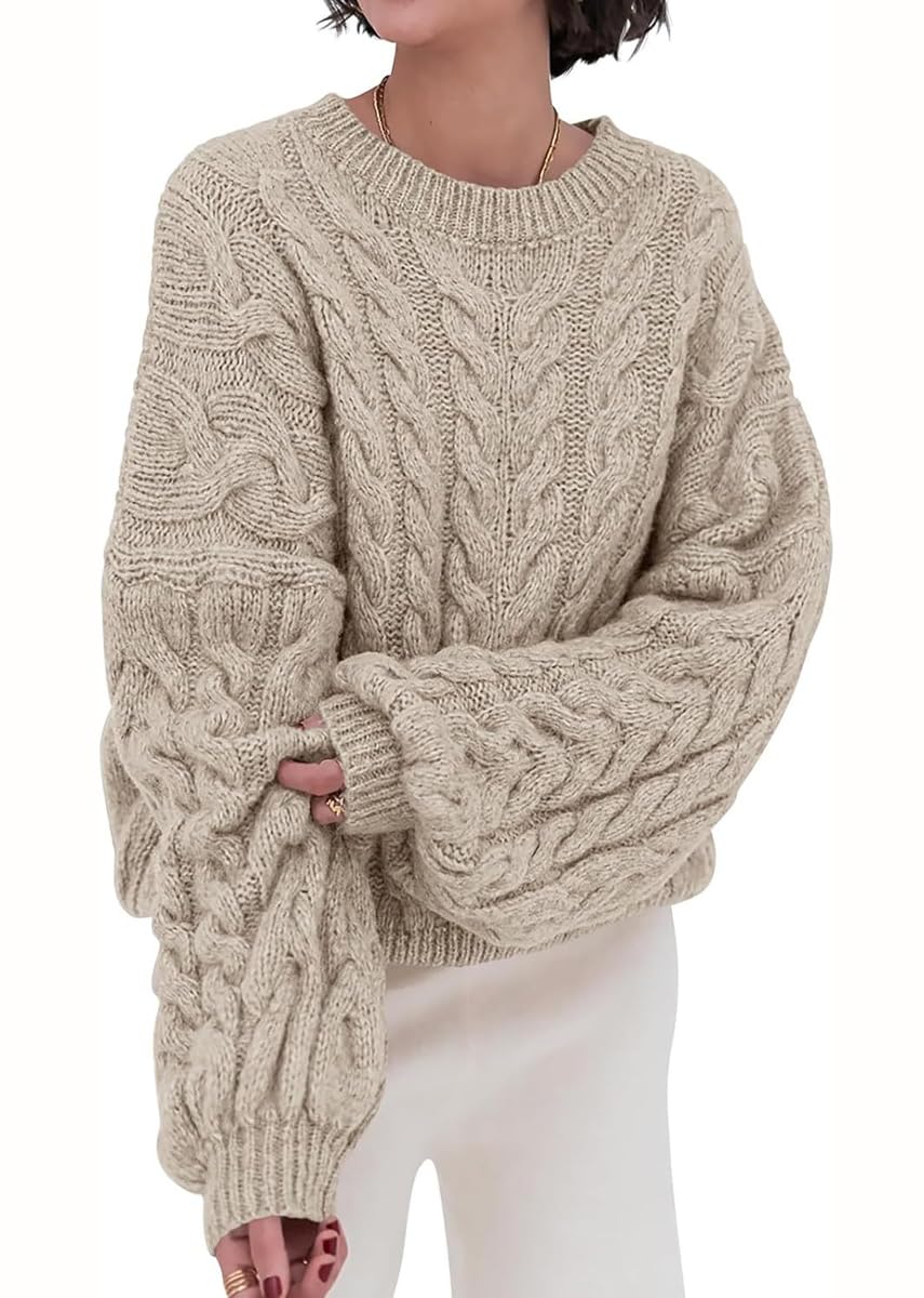 chouyatou Womens Fall Cable Knit Pullover Sweater Crewneck Loose Chunky Sweater Jumper Tops