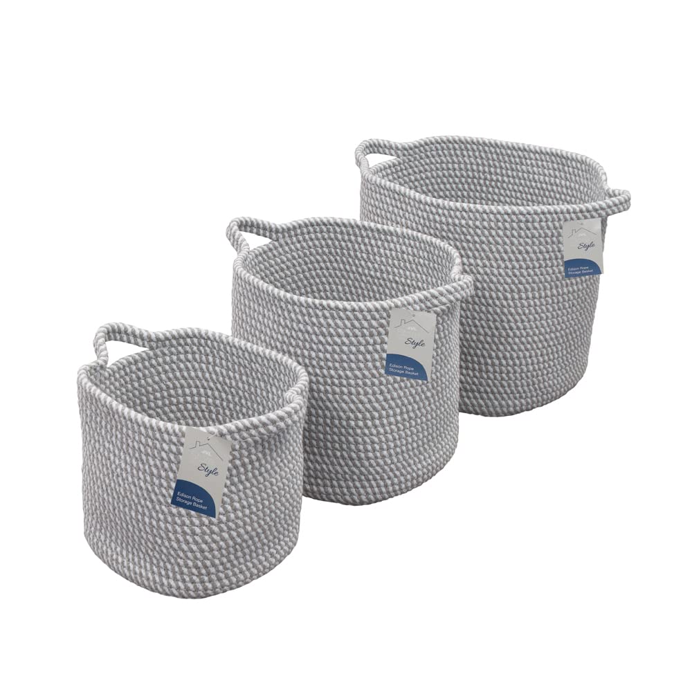 Jvl Edison Of 3 Cotton Rope Storage Baskets Grey Set