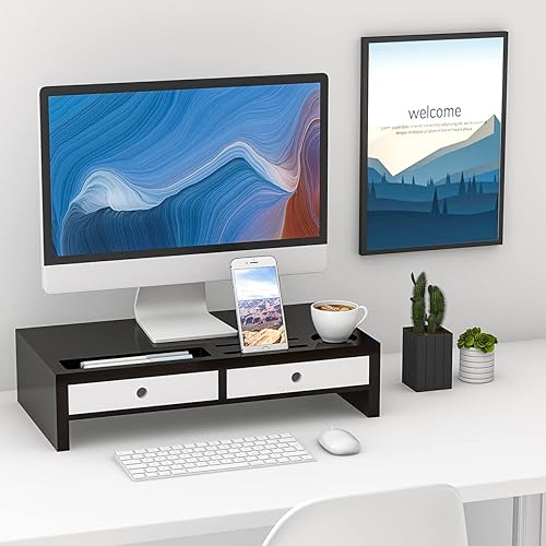 Miniatura 8 de Soporte elevador para monitor con cajón, soporte para laptop blanco y negro, organizador de estante de escritorio de bambú para computadora, TV,