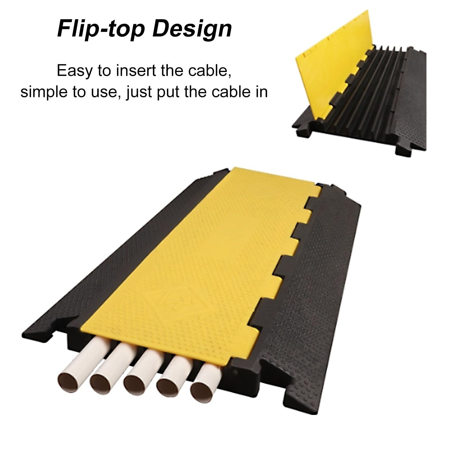 Protector Cable de 90 Cm, Paquete de 5 Pasacables Suelo, Badenes de Goma de PVC, Capacidad de 500 Kg con Tapa Abatible para Ocultar Cables, Mangueras y Tuberías