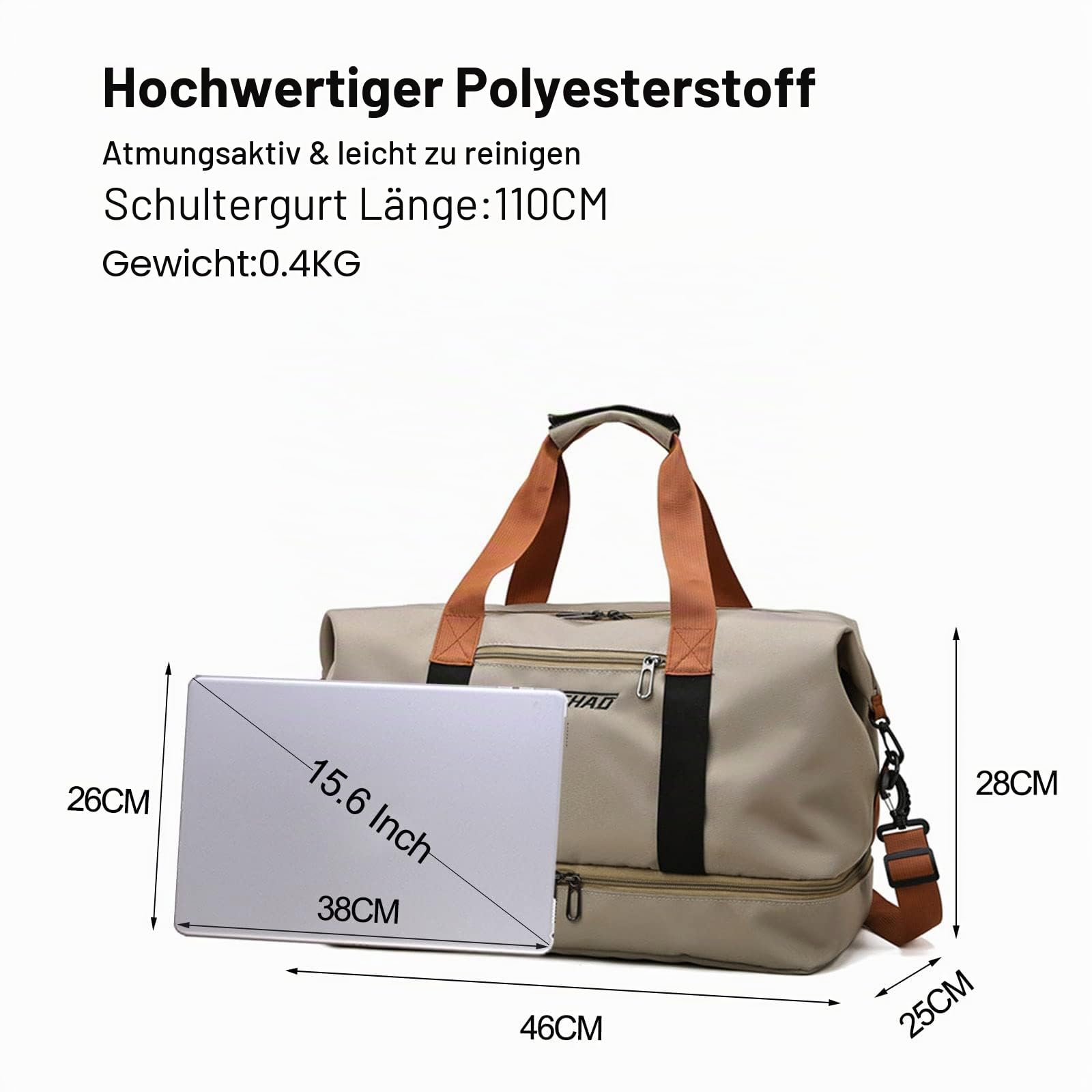 FANDARE Reisetaschen Handgepäck Duffel Tasche Sporttasche Übernachtung Sporttasche Tote Handtasche Damen Herren Weekender Tasche Kliniktasche Schwimmtasche Trainingstasche mit Schuhfach Khaki