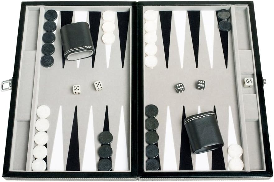 Leatherette Travel Backgammon Set - Inlaid Velvet Field, 15-inch, Black