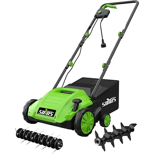SOYUS Electric Dethatcher and Scarifier with 30L Collection Bag, 13-Inch 12 Amp 2-in-1 Corded Lawn Dethatcher with 4-Postion Depth Adjustment, Quick-Fold, Increases Lawn Health