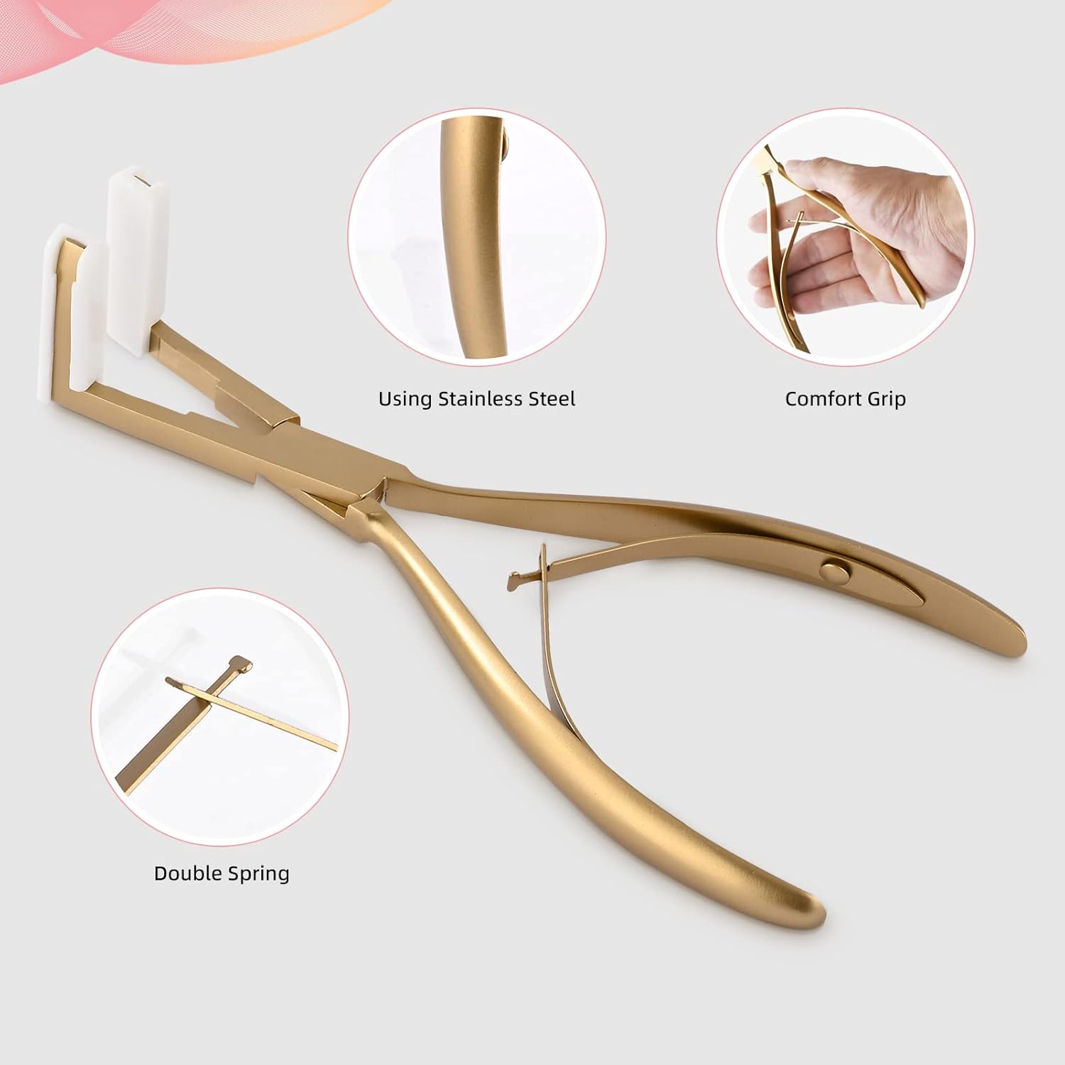 NEWISHTOOL Tape in Hair Extension Tools Kit, Stainless Steel Tape Sealing Pliers Fine Tail Comb Hair Clips & Pads for Human Hair Extension Tape Sealing, Gold Flat Surface Taping Clamp Plier