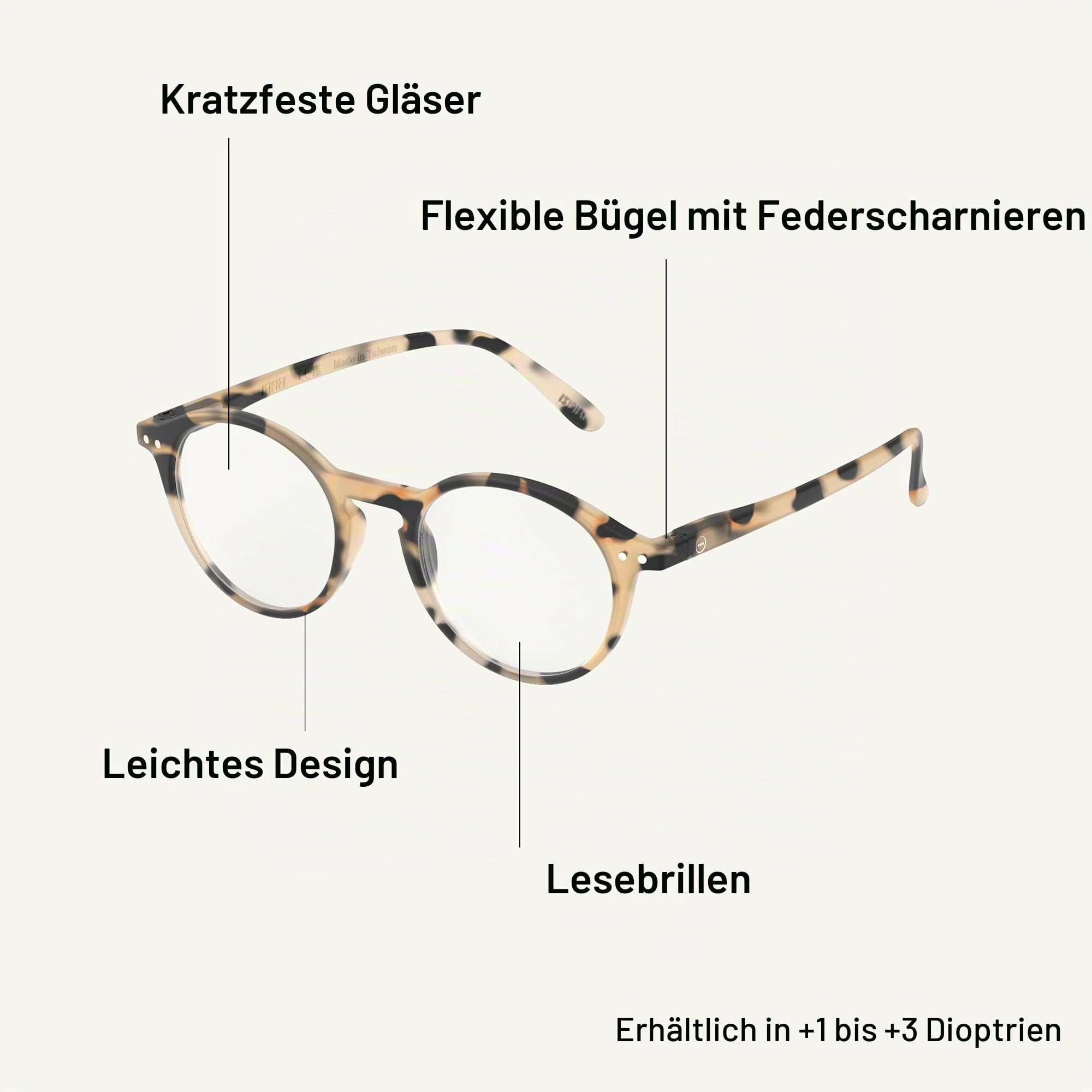 IZIPIZI Shape D Lesebrille +2 Dioptrie aus Kunststoff in der Farbe Light Tortoise, Maße: 14,2cm x 13,8cm x 4,8cm, LMSDC69_20