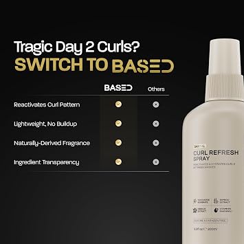 BASED Curl Refresh Spray, Refresh & Define Curls (6.8 fl oz, Pack of 1) | Hair Curl Spray - Lightweight Hydrating Formula with Bamboo & Hibiscus Extract - Science-Backed Formula, Paraben Free