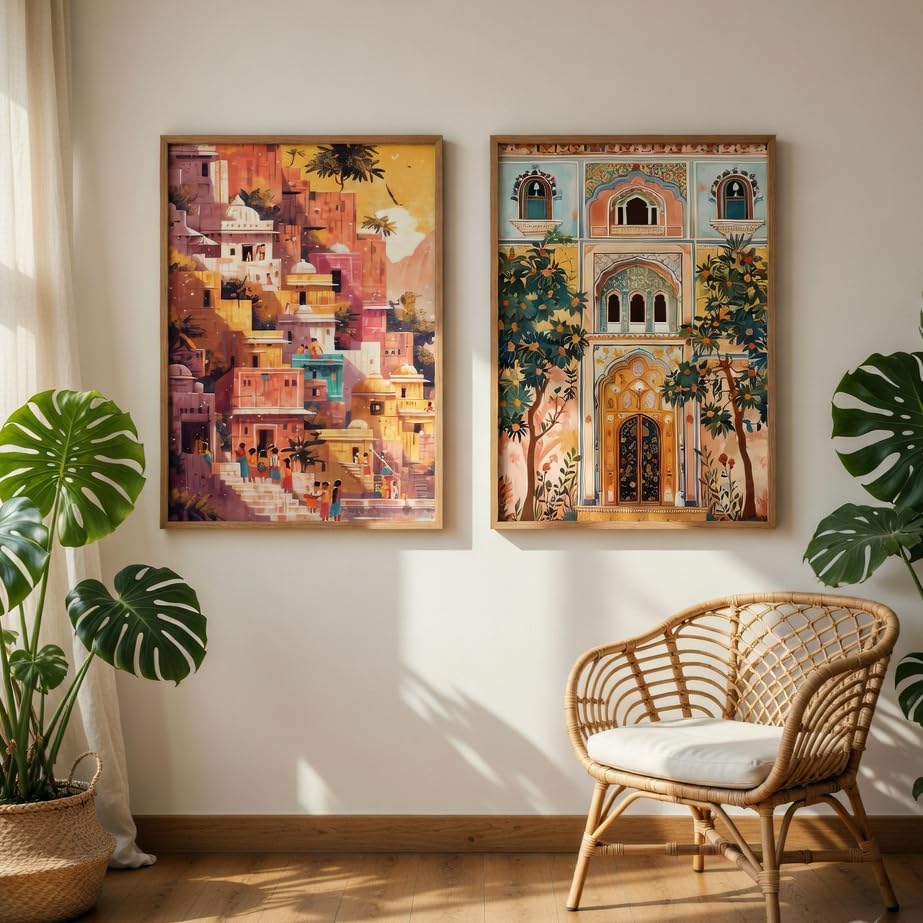 Image of Livin'luxe Indian Palace Architecture Wall Painting Set of 2 with Wooden Frames | Vintage Cityscape & Heritage Haveli Artwork HD Sparkle Laminated MDF Wall Decor for Living Room Bedroom Hallway