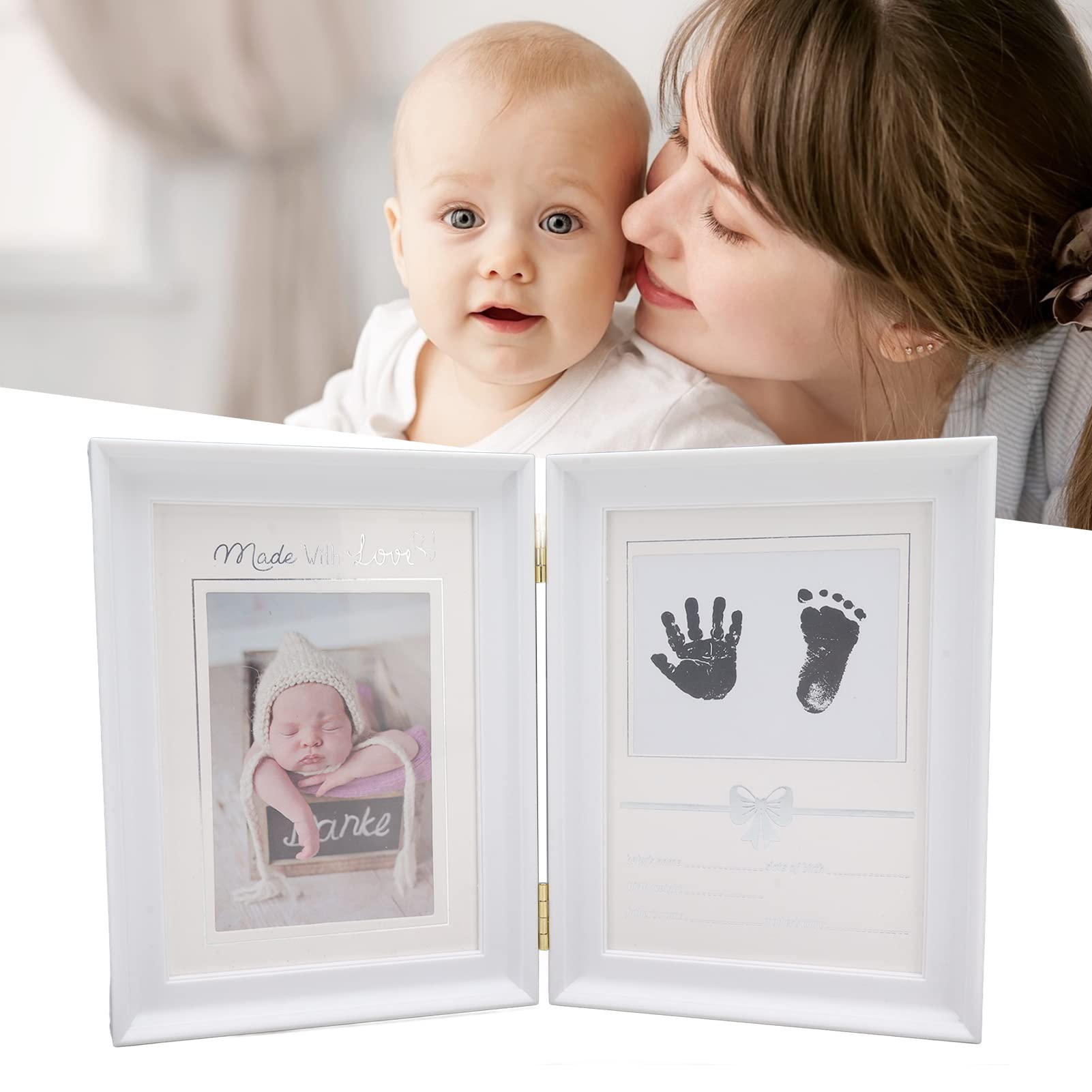Natudeco Baby Print Photo Frame Newborn Baby Frame Plastic Baby Memory Picture Frame Kit with Ink Baby Shower Foot and Hand Print for Girls Boys