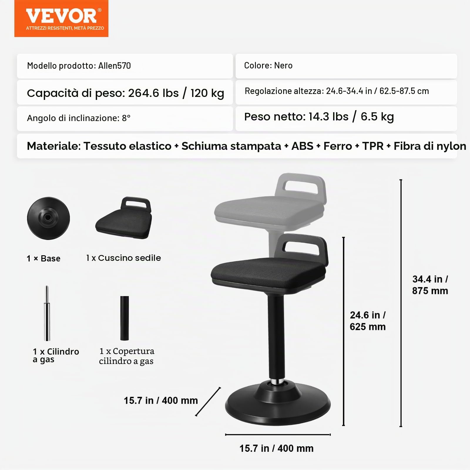 VEVOR Sgabello da Seduta Attiva con Maniglia, Sedia Attiva Carico max. 120kg Altezza Regolabile 62,5-87,5 cm Realizzata in Tessuto Elastico Schiuma, Sgabello Seduta Attiva per Scuole, Ufficio, Casa
