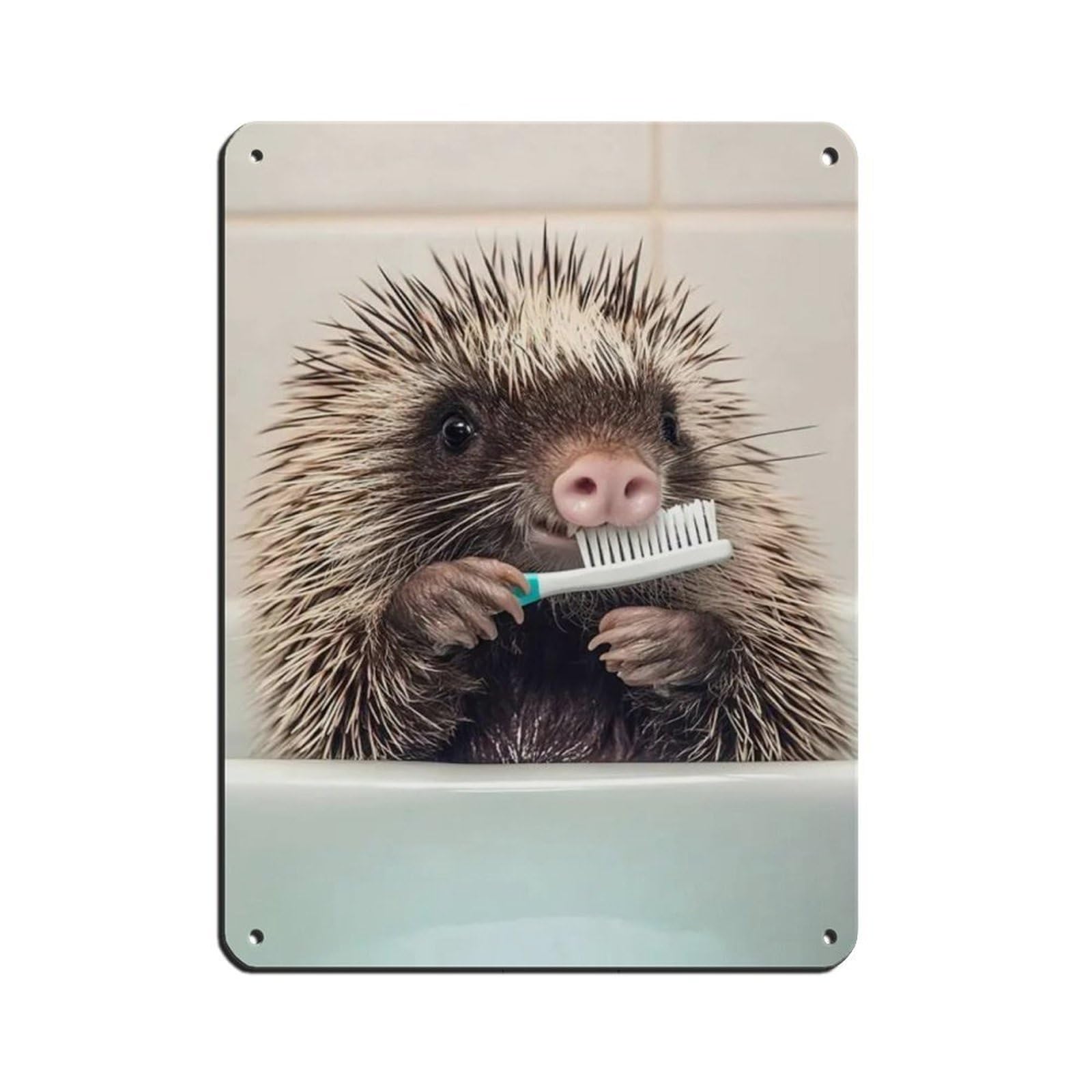 Porcupine Brushing Teeth, Funny Bathroom Art Retro Poster Metal Tin Sign Chic Art Retro Iron Painting Bar People Cave Cafe Family Garage Poster Wall Decoration 12x16inch(30x40cm)