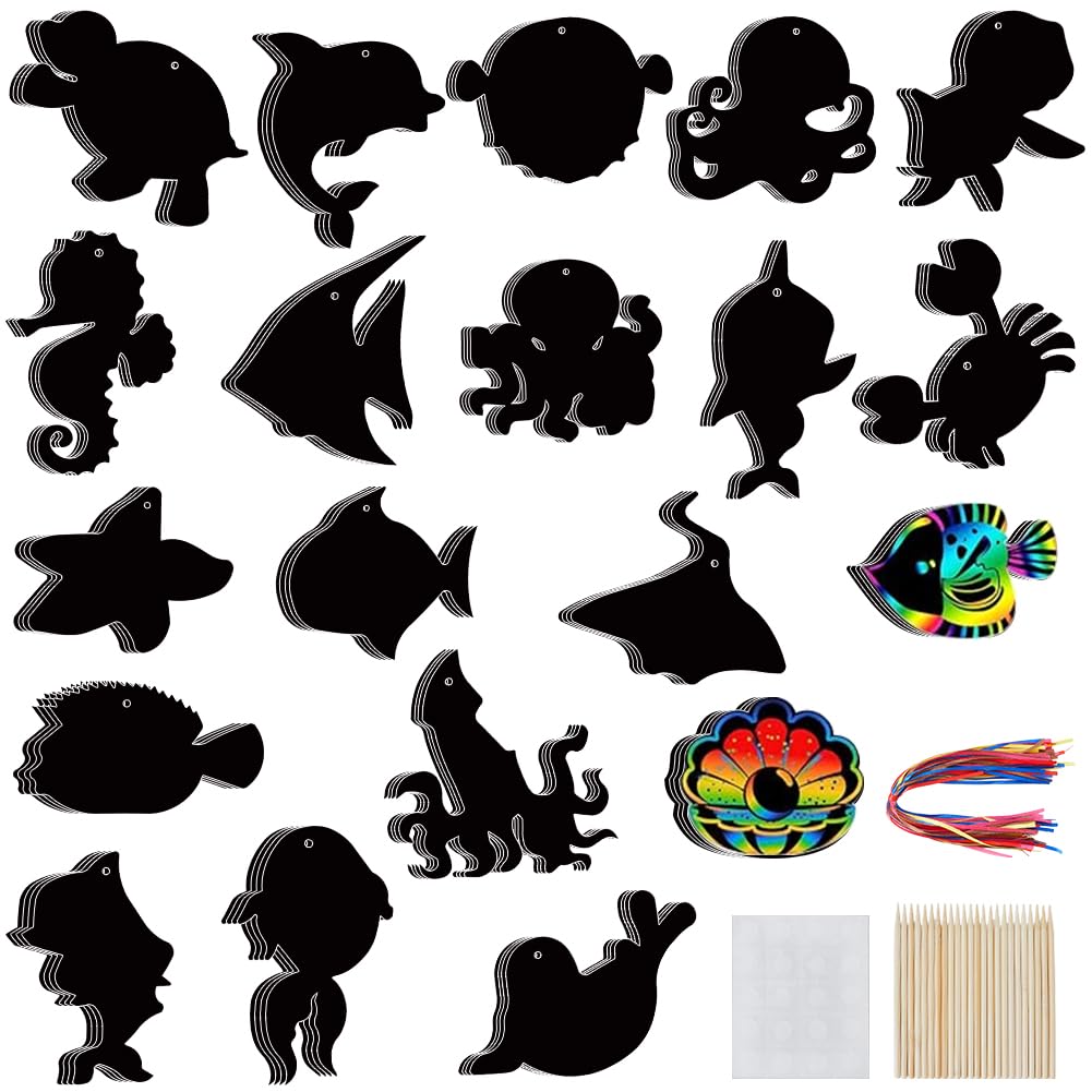 CRASPIRE 80pcs 20 Styles Sea Animals Scratch Paper Tropical Fish Ocean Whales Octopus Shark Rainbow Scratch Art Cards Creative for Fun Party Supplies DIY Crafts Pendant Kit Set With Ribbon Wood Sticks