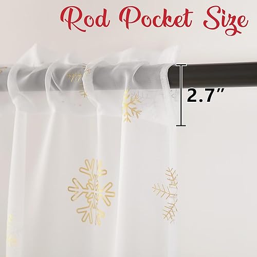 Miniatura 5 de MikiUp Cortinas traslúcidas de copos de nieve de Navidad, cortinas semitransparentes impresas en lámina dorada para dormitorio y sala de estar, 52 x