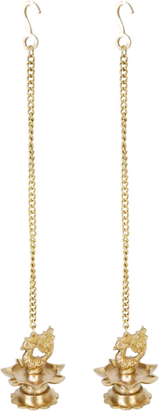 Brass Wall Hanging Diya (3 x 3 x 16 inches, Gold) Peacock Oil Lamp for Home Mandir Entrance Diya Pair( 2 Pcs ) Small Size