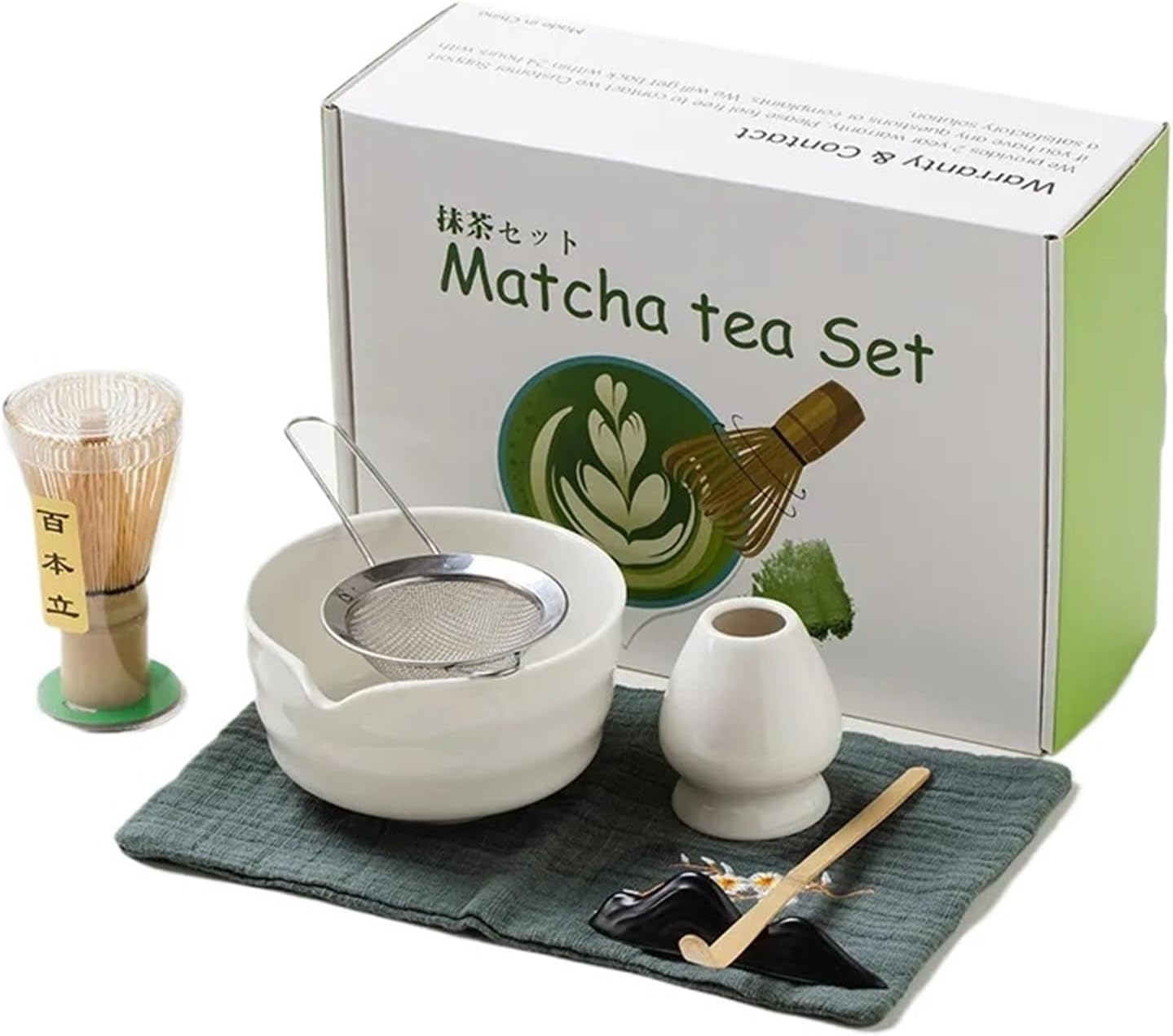 4/5/7 Piece ripple Matcha Kits Tea Set Ceramic Bowl Glass Bring a cup Bamboo Stand Chasen Matcha Tea Gift Box(Green - 5-piece Set)